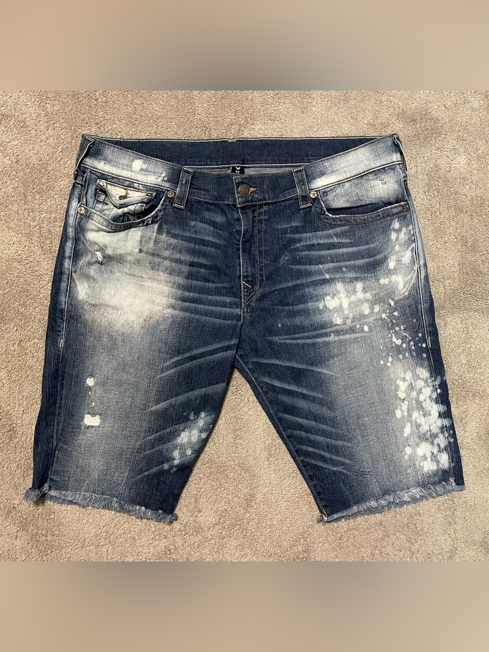 Vintage Y2K True Religion Ricky Paint Splatter Denim Shorts Mens 42 USA Flap